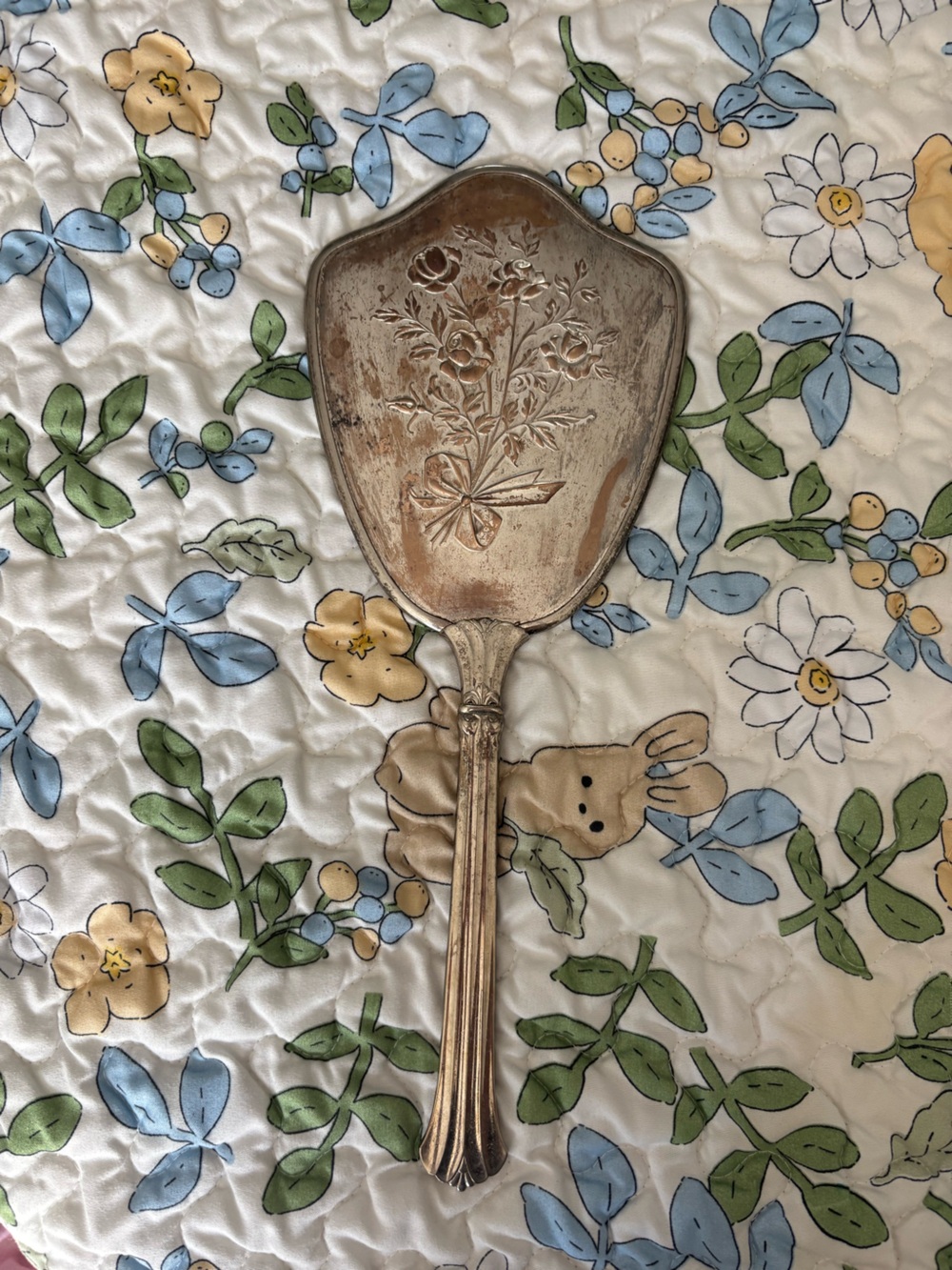 Vintage Floral-Engraved Silver Plated hand mirror